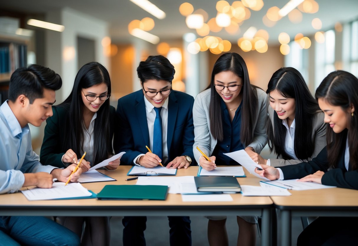 A group of students eagerly filling out scholarship applications at a university desk