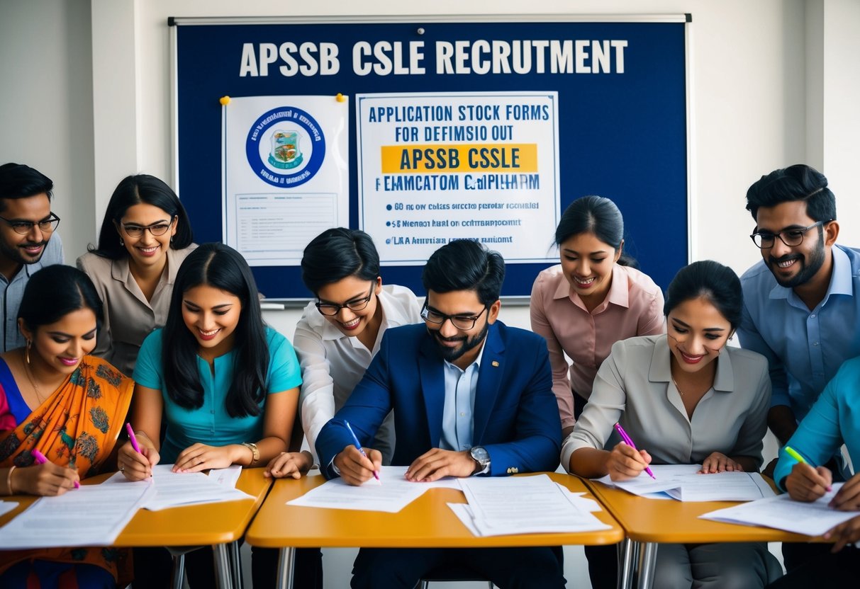 A group of diverse individuals eagerly filling out application forms for the APSSB CSLE Recruitment, with the notification prominently displayed on a bulletin board