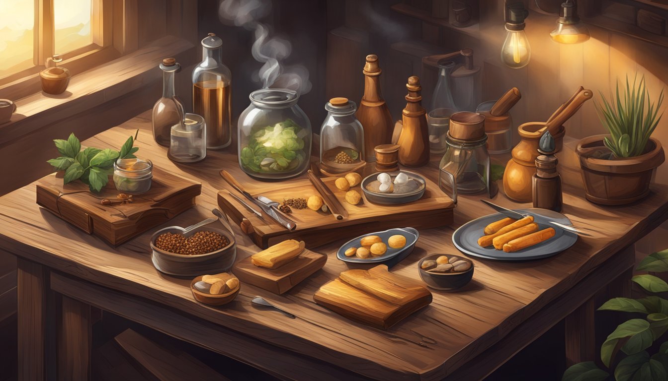 A rustic wooden table with an assortment of smoking tools and ingredients, surrounded by a cozy, dimly lit room