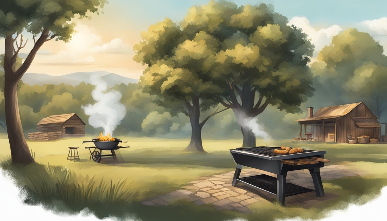 A rustic BBQ pit with billowing smoke, surrounded by oak trees and a quaint countryside setting