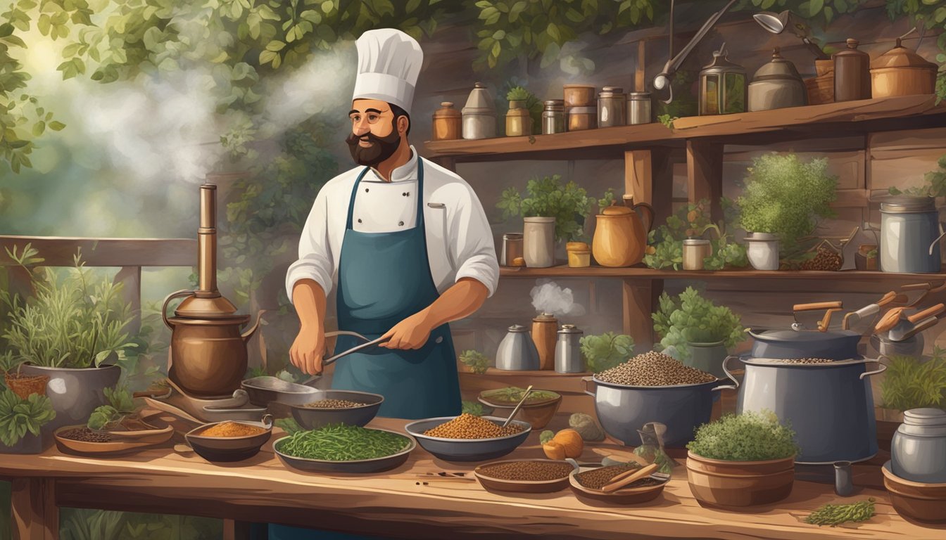 A rustic outdoor setting with a vintage smoking apparatus surrounded by various herbs and spices. A skilled chef demonstrates the Lockhart technique with precision and expertise