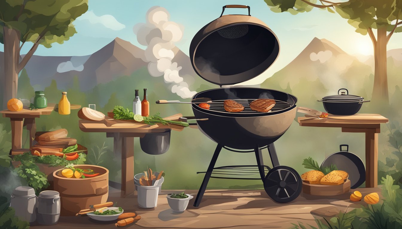 A rustic outdoor setting with a smoking grill surrounded by various ingredients and cooking tools. Smoke billows from the grill, creating an atmosphere of culinary expertise