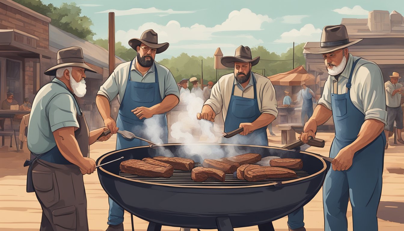 A group of pitmasters tend to smoking meats over a large barbecue pit, using traditional techniques and tools in Lockhart, Texas