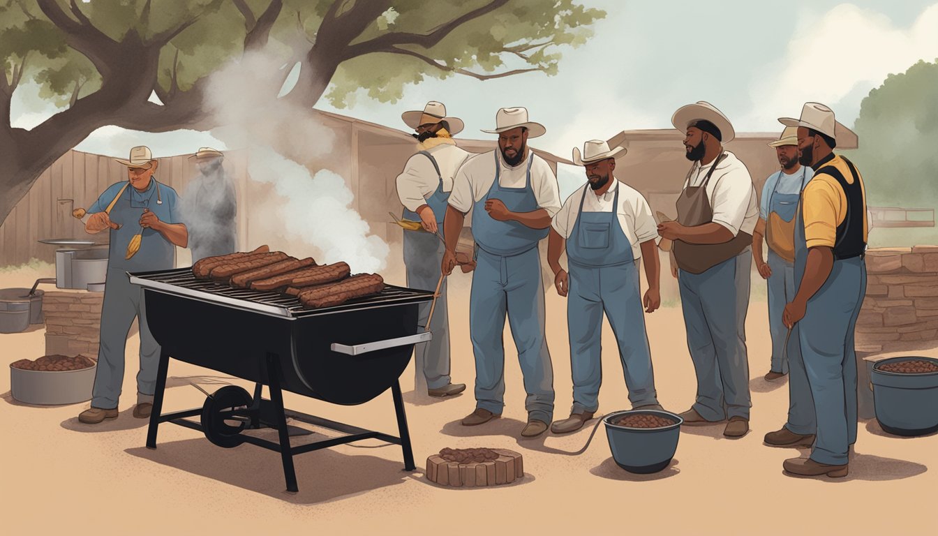 A group of Lockhart BBQ pit masters gather around a smoking pit, tending to sizzling meats with traditional Texan techniques