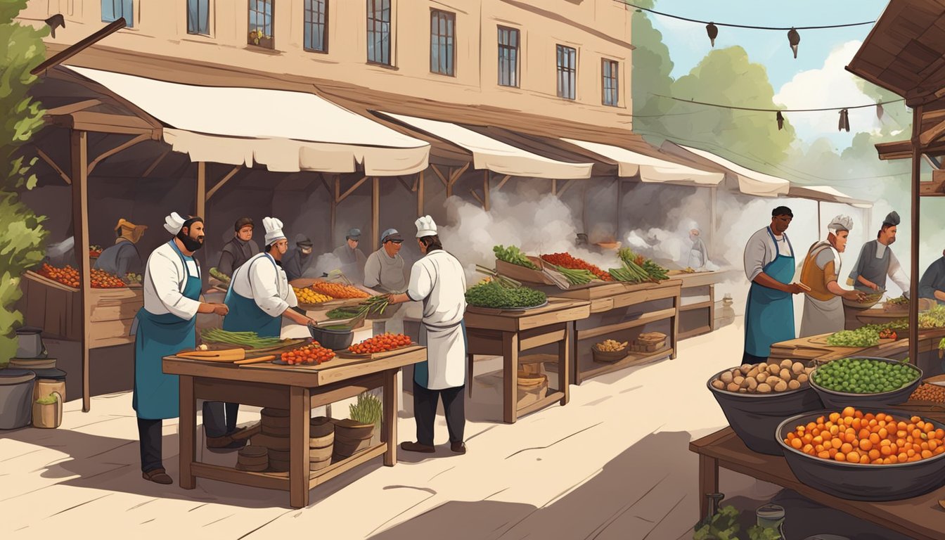 A rustic outdoor market with colorful stalls showcasing fresh produce, herbs, and spices. A group of chefs demonstrating smoking techniques with large wood-fired smokers