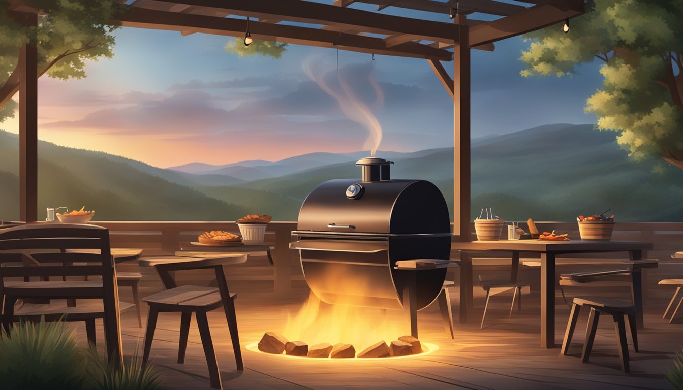 A smoky outdoor BBQ pit with glowing coals, surrounded by rustic wooden tables and chairs, set against a backdrop of rolling Texas hills