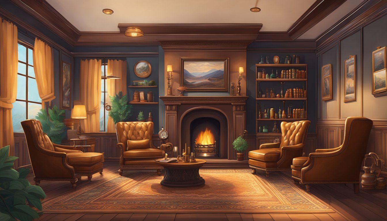 A cozy smoking lounge with leather armchairs, ornate rugs, and a roaring fireplace. A display of elegant smoking pipes and accessories adorns the walls