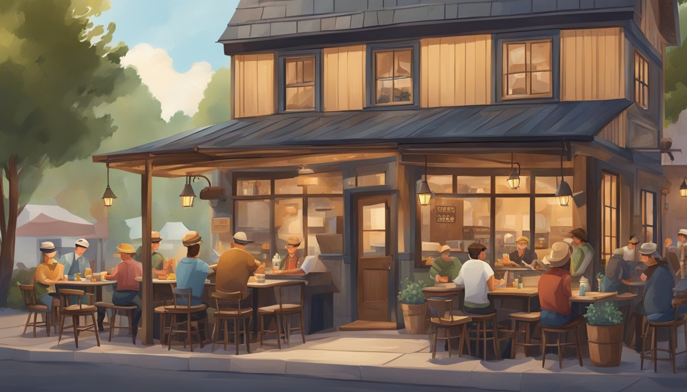 A rustic BBQ restaurant with a vintage smoker, outdoor seating, and a bustling atmosphere. The scene is set in a quaint town with a mix of modern and traditional elements