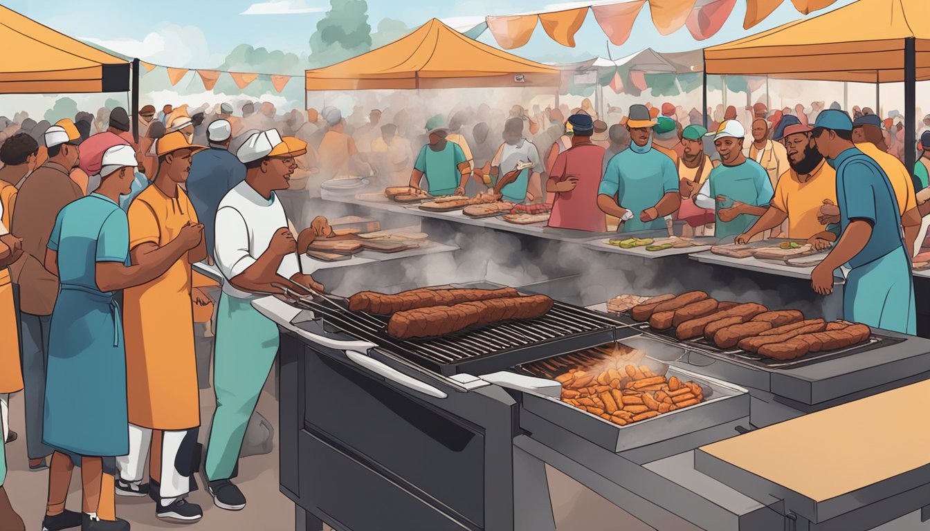 A bustling BBQ competition with smoke billowing from grills, chefs tending to sizzling meats, and a crowd of spectators cheering on their favorite pit masters