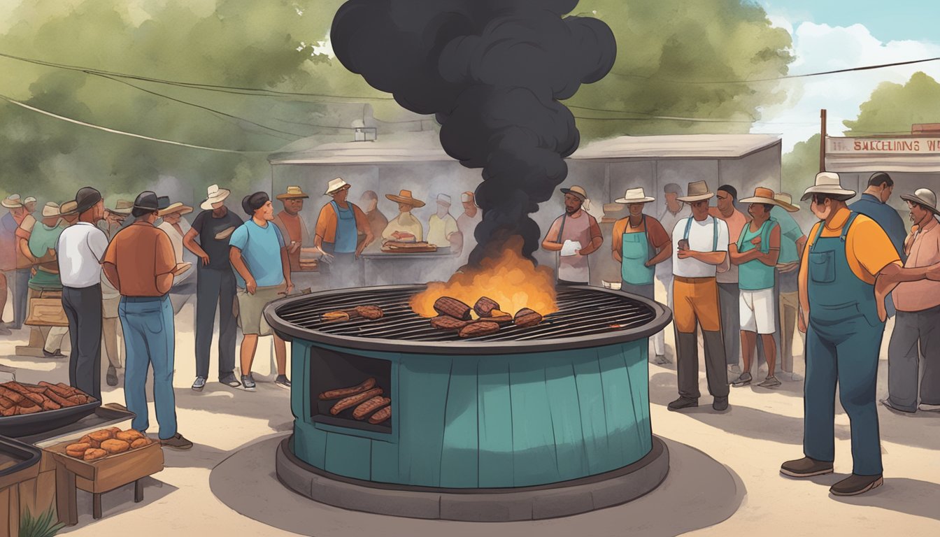 A smoky barbecue pit surrounded by locals debating over saucing or not saucing their meat in Lockhart, Texas