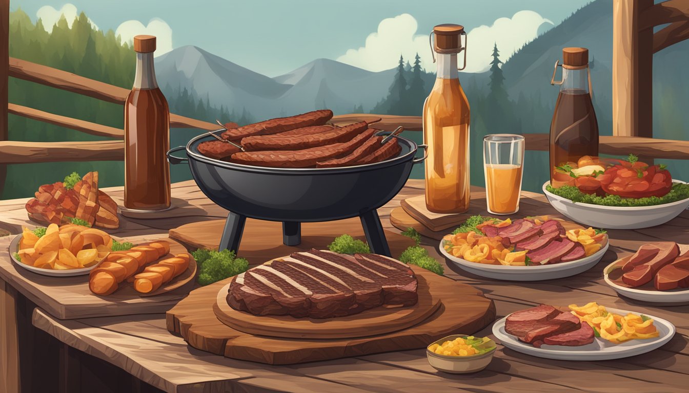 A rustic outdoor BBQ setting with a variety of smoked meat and side dishes displayed on wooden serving platters. The aroma of smoky flavors fills the air