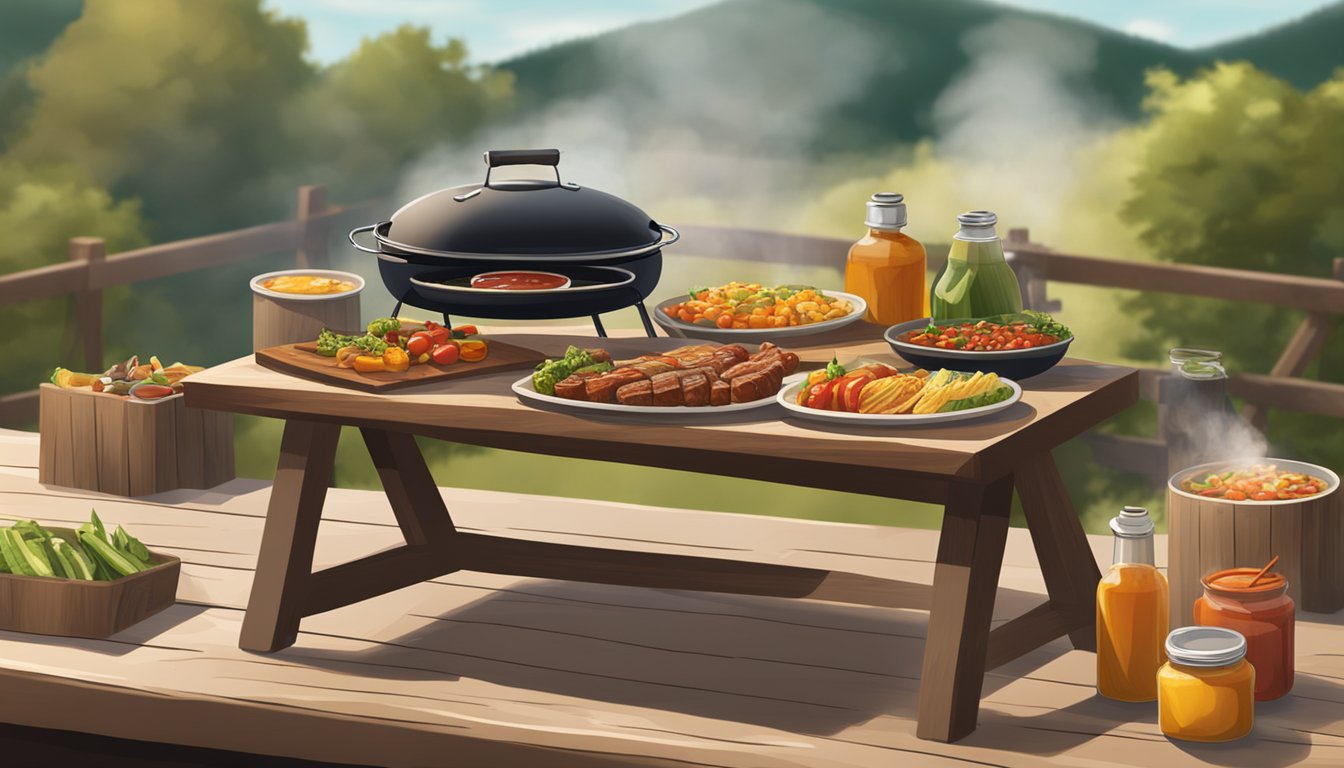 A rustic outdoor BBQ spread with a variety of signature sauces and side dishes displayed on wooden serving platters. Smoke rises from the grill in the background