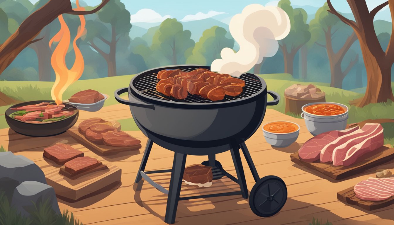 A smoky pit surrounded by oak wood, with a variety of meats sizzling on the grill. A debate over sauce rages on in the background