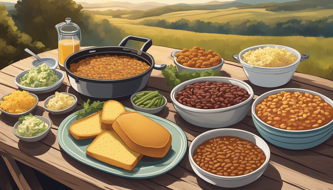 A rustic outdoor BBQ spread with a variety of classic Southern side dishes, including cornbread, coleslaw, and baked beans, set against a backdrop of rolling hills and a warm morning sun