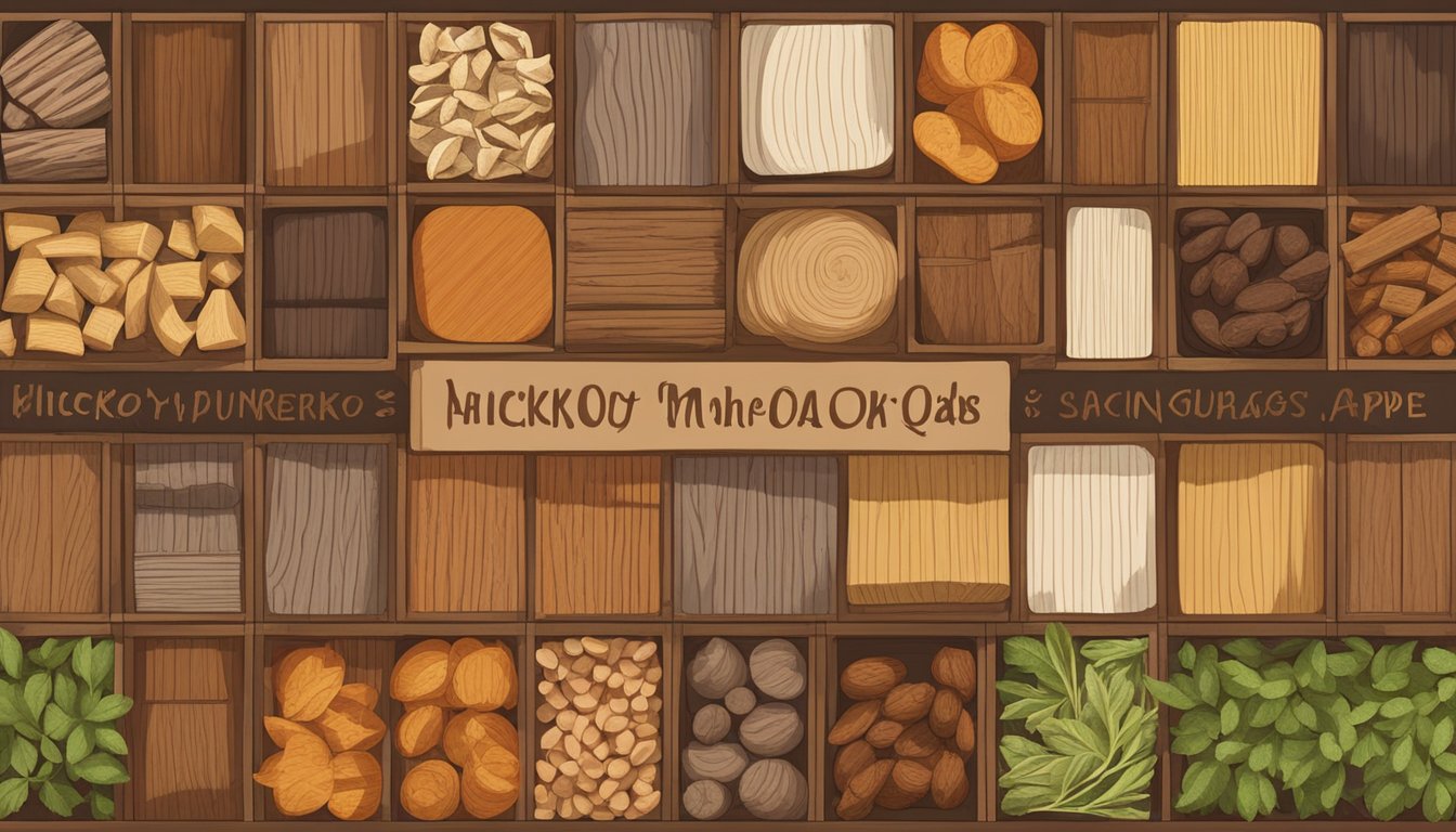 A variety of wood types arranged for BBQ: hickory, mesquite, apple, and oak, each labeled with its unique flavor profile