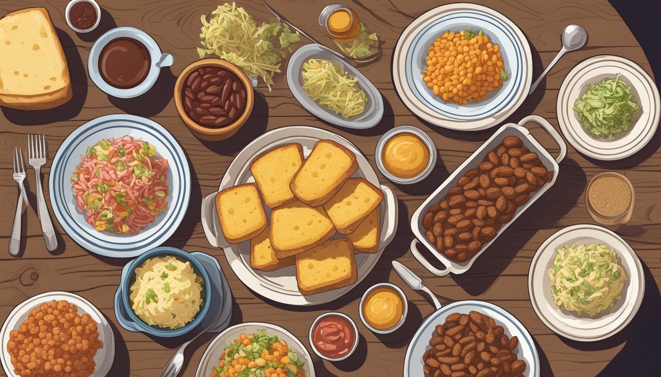 A rustic wooden table set with an assortment of colorful BBQ side dishes, including coleslaw, baked beans, and cornbread, all arranged on mismatched vintage plates