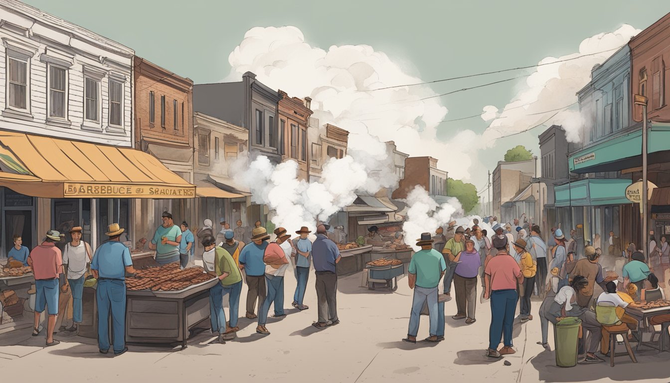 A bustling street in Lockhart, with smoke rising from barbecue pits and locals debating over saucing their meat