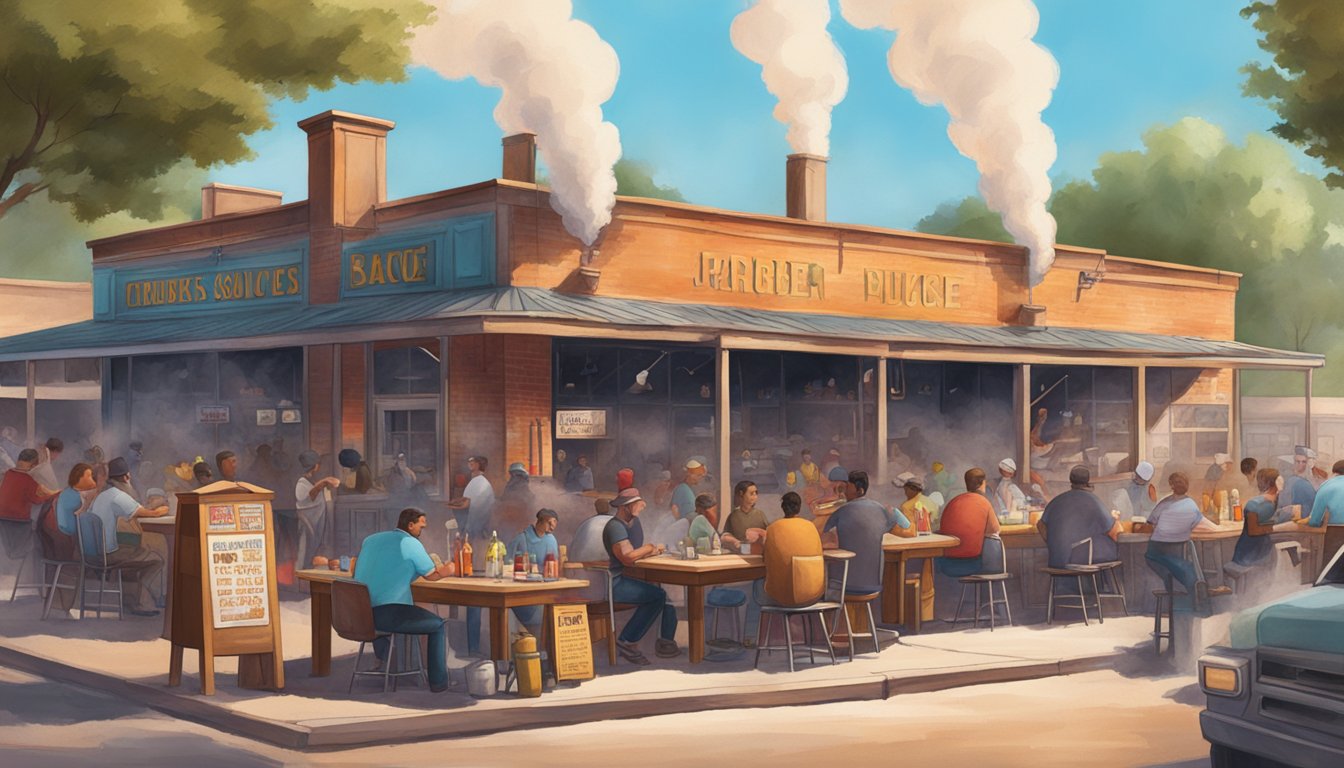 A bustling barbecue joint in Lockhart, Texas, with smoke billowing from the pit and a variety of sauce bottles lining the tables