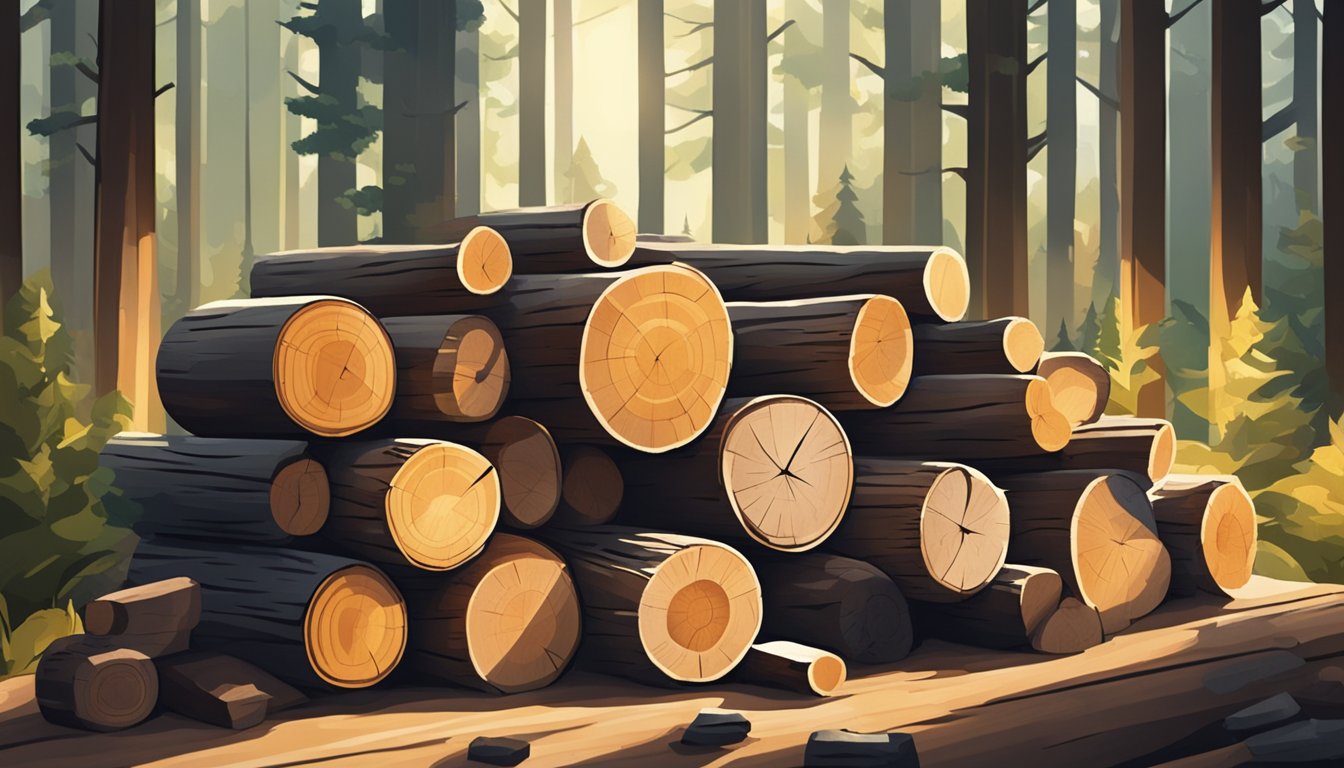 A variety of unique wood logs stacked in a rustic outdoor setting, with sunlight streaming through the trees, showcasing the diverse options for smoking wood selection