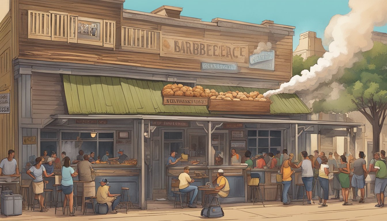 A bustling barbecue joint in Lockhart, with smoke billowing from the pit and locals and tourists alike enjoying the savory aroma and lively atmosphere