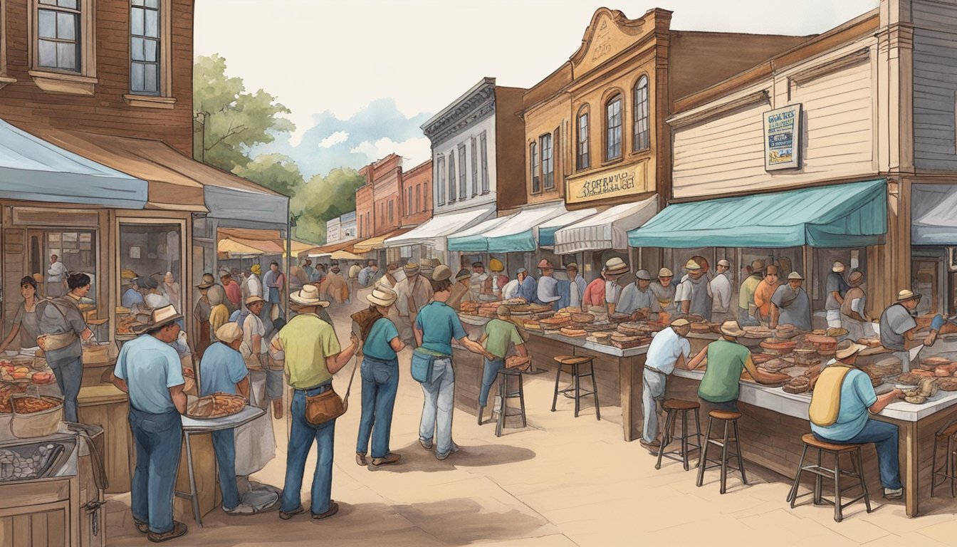 A bustling barbecue festival in Lockhart, with vendors selling smoked meats and locals enjoying the lively atmosphere. Tables are filled with customers savoring the flavors of the town's signature cuisine