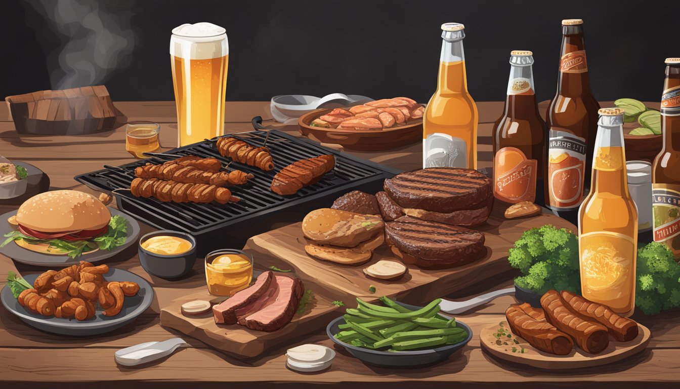 A backyard BBQ with a sizzling grill, a variety of meats, and an assortment of local craft beers on a rustic wooden table