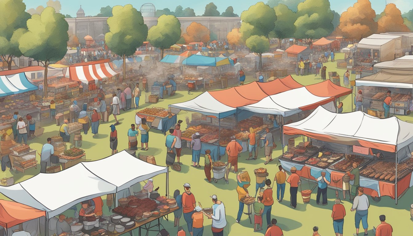 A bustling outdoor festival with rows of BBQ vendors, smoke rising from grills, and crowds of meat enthusiasts sampling various dishes