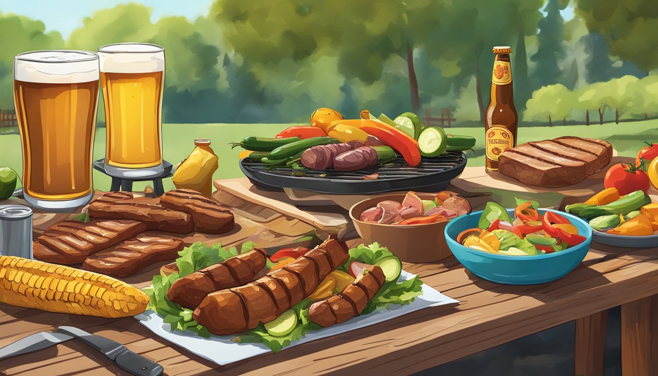 A colorful spread of grilled meats, vegetables, and beer bottles on a picnic table, surrounded by a backdrop of a sunny outdoor BBQ setting