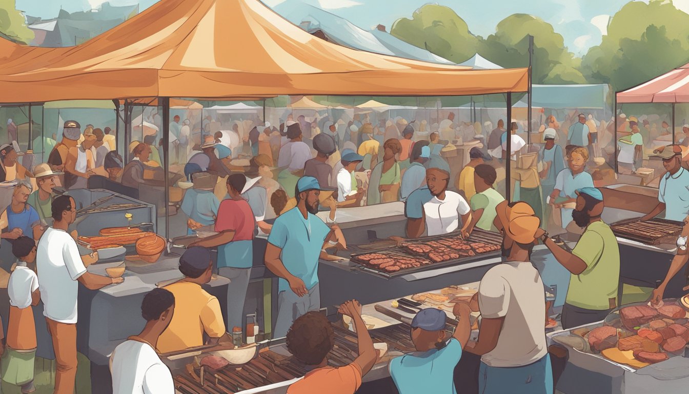 A bustling outdoor BBQ festival with smoke rising from grills, people sampling various meats, and vendors selling BBQ sauces and spices. A live band plays in the background as visitors enjoy the lively atmosphere