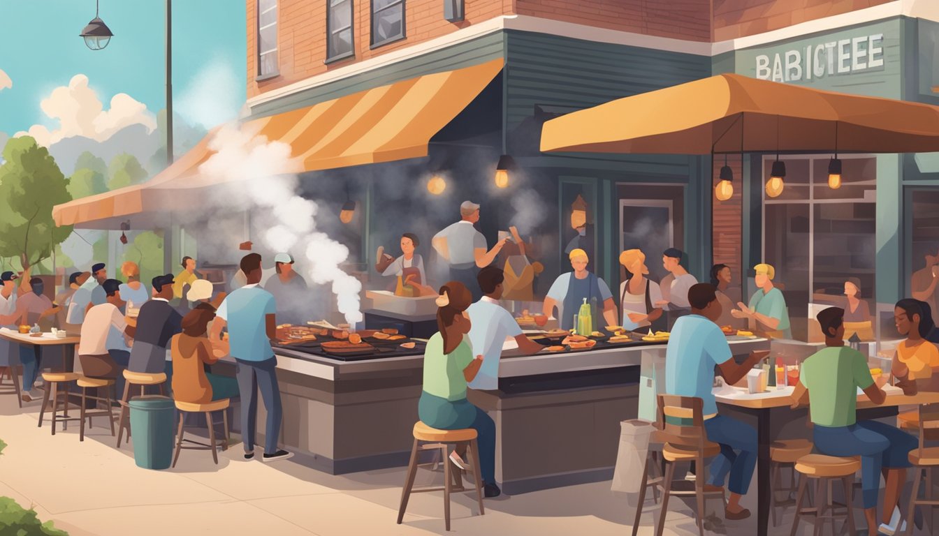 A bustling barbecue joint with smoke billowing from the pit, customers enjoying hearty meals, and a bustling economy surrounding the restaurant