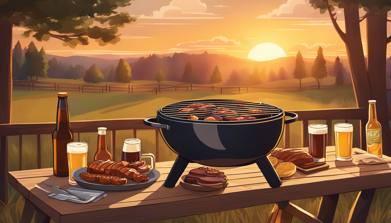 A backyard BBQ with a variety of grilled meats and local craft beers displayed on a rustic wooden table. The sun is setting, casting a warm glow over the scene