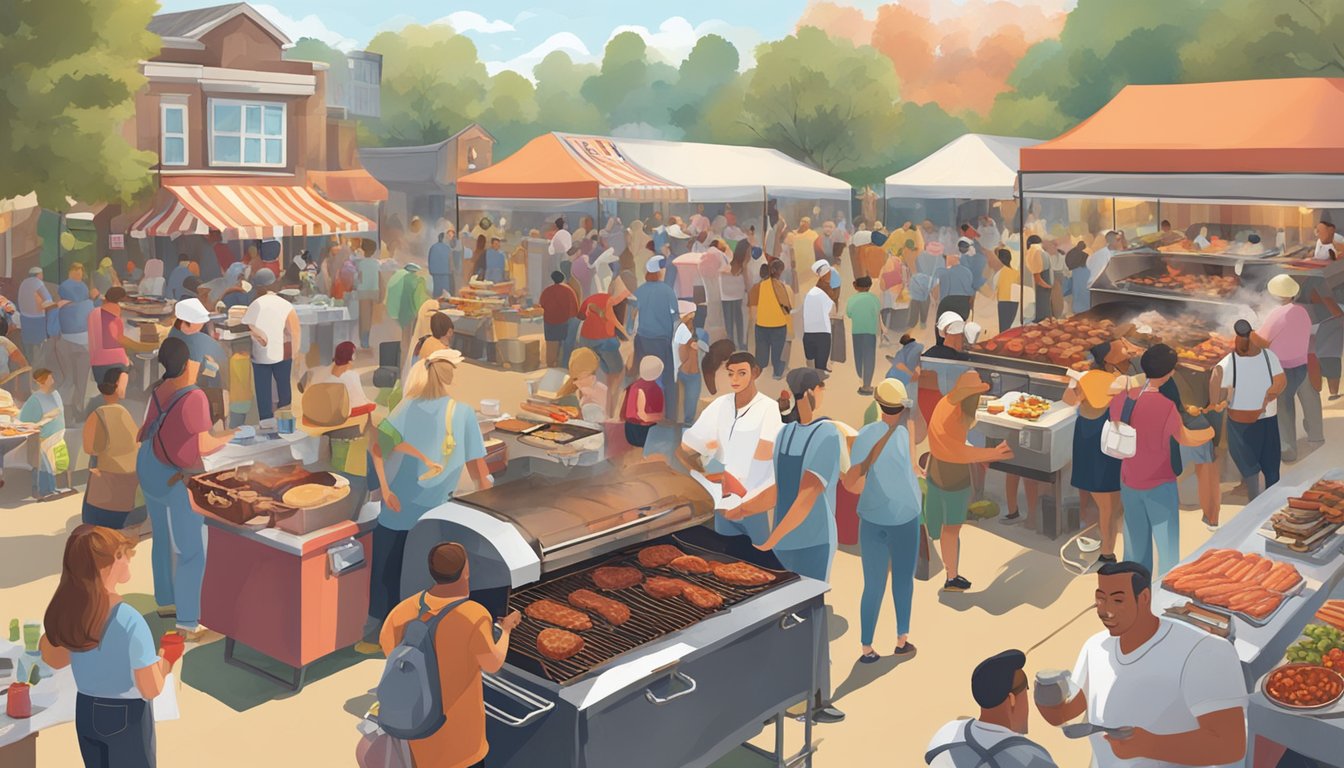 A bustling BBQ festival with smoke rising from grills, people sampling various meats, and vendors selling BBQ sauces and spices