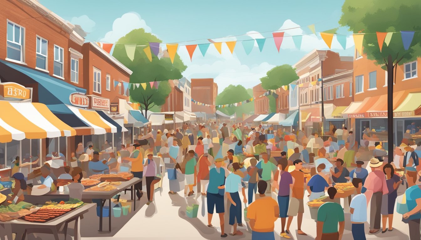 A bustling BBQ festival with vendors, live music, and crowds of people enjoying the local cuisine. The town's economy is thriving as a result