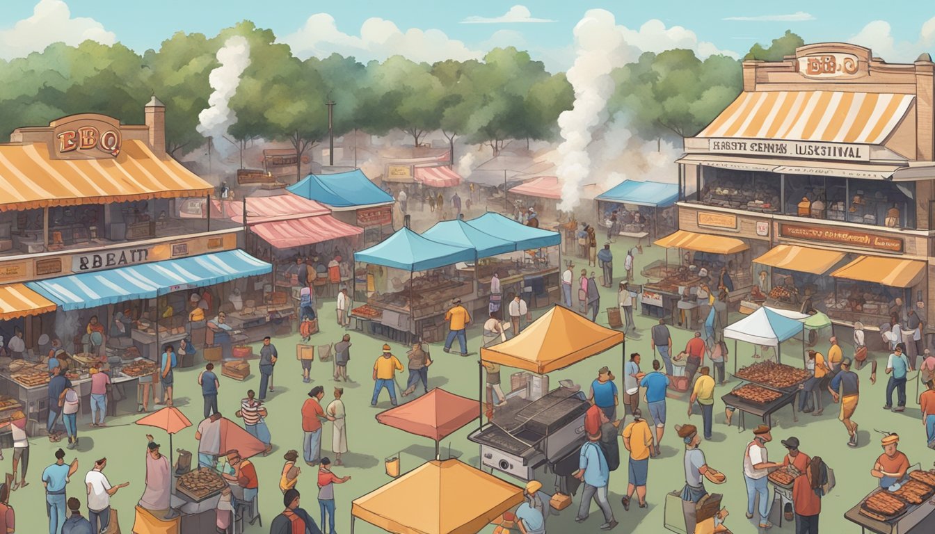 A bustling BBQ festival with smoke rising from grills, vendors selling meats, and crowds enjoying live music and games in Lockhart, Texas