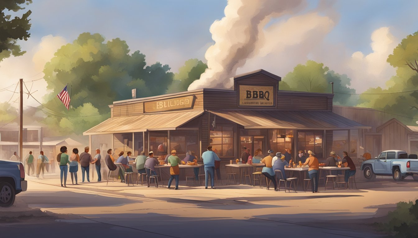 A bustling BBQ joint in Lockhart, Texas, with smoke billowing from the pit, patrons enjoying their meals, and a friendly, relaxed atmosphere