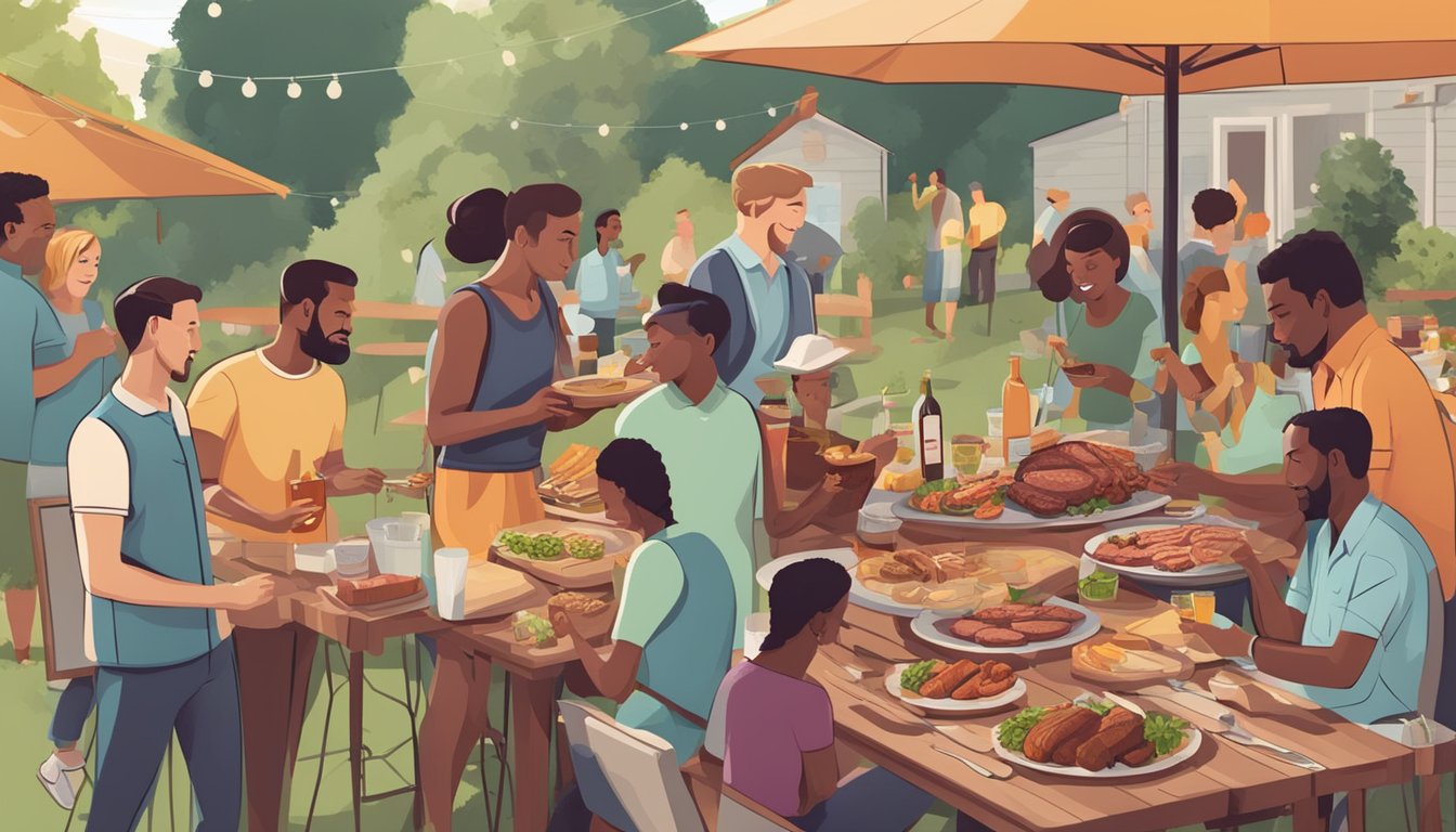 A backyard BBQ with a variety of grilled meats, sides, and drinks. People are mingling and enjoying the food, following proper BBQ etiquette