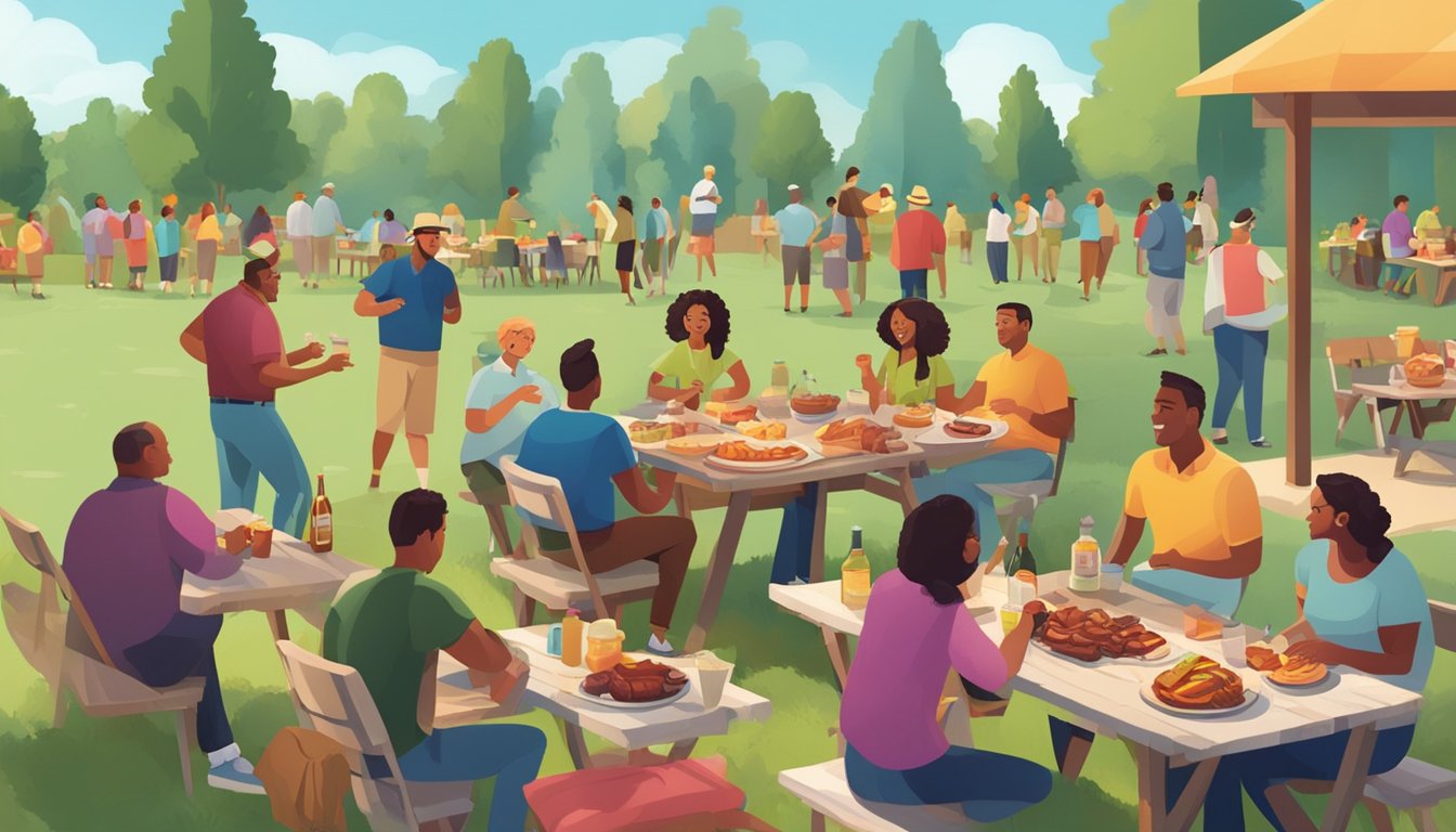 A bustling outdoor barbecue event with families and friends gathered around picnic tables, enjoying the aroma of smoked meats and engaging in lively conversations