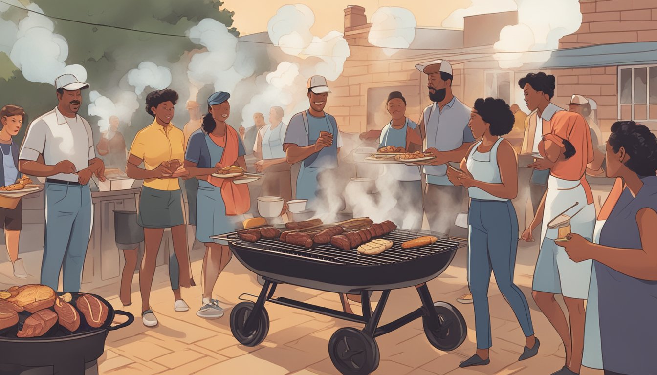 A group of people gathered around a sizzling grill, demonstrating proper BBQ etiquette in Lockhart, Texas. Smoke rises as they expertly cook meats and share tips