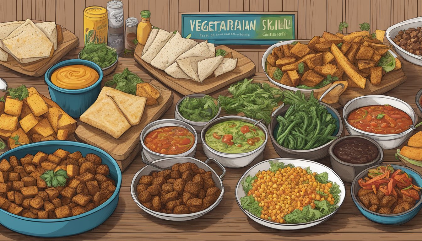 A colorful menu board displays various vegetarian options at Lockhart BBQ joints, including grilled vegetables, smoked tofu, and meatless chili