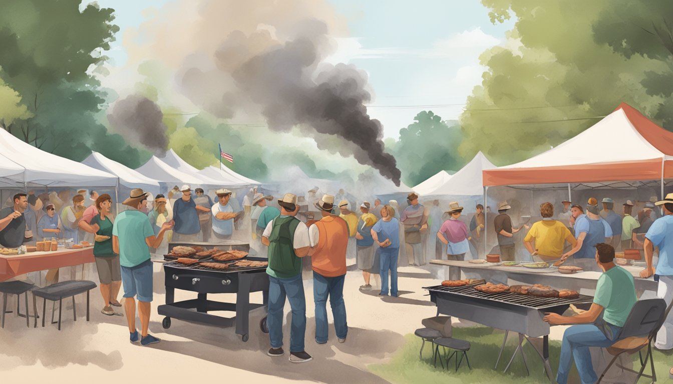 A bustling barbecue cook-off in Lockhart, with smoke billowing from the pits and locals gathered around picnic tables, enjoying the savory aroma and lively conversation