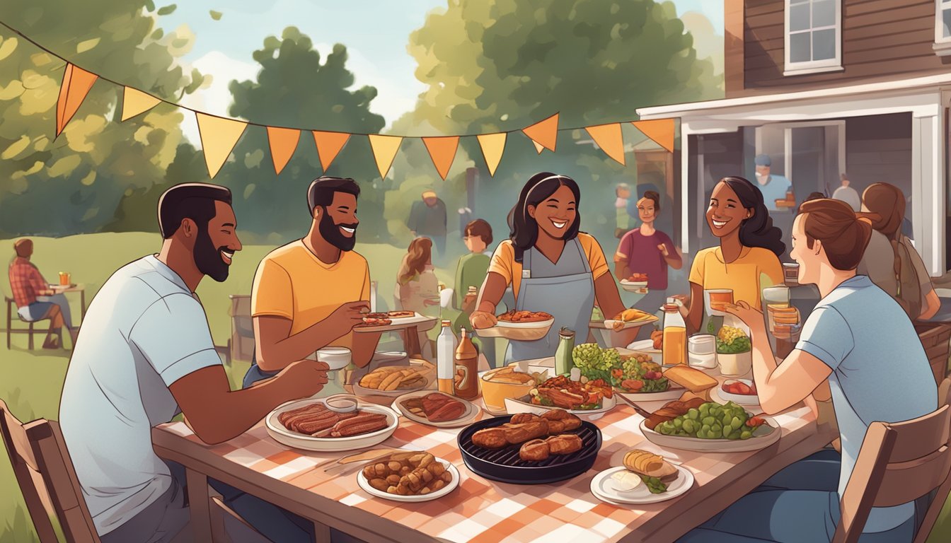 A group of people enjoying a BBQ feast in a backyard, with a table filled with various grilled meats, sides, and drinks. A warm, inviting atmosphere with laughter and conversation