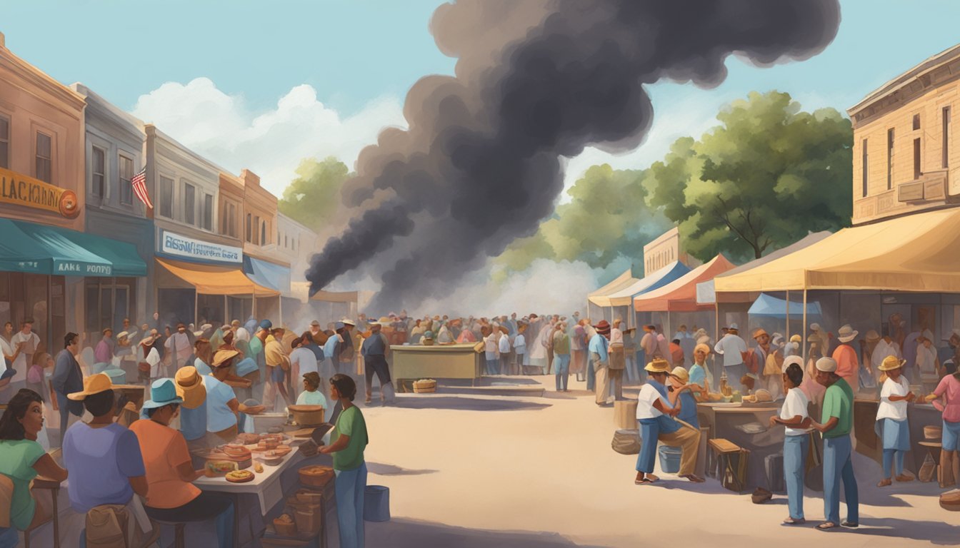 A bustling barbecue festival fills the streets of Lockhart, with smoke billowing from pits and locals gathering to enjoy the social tradition