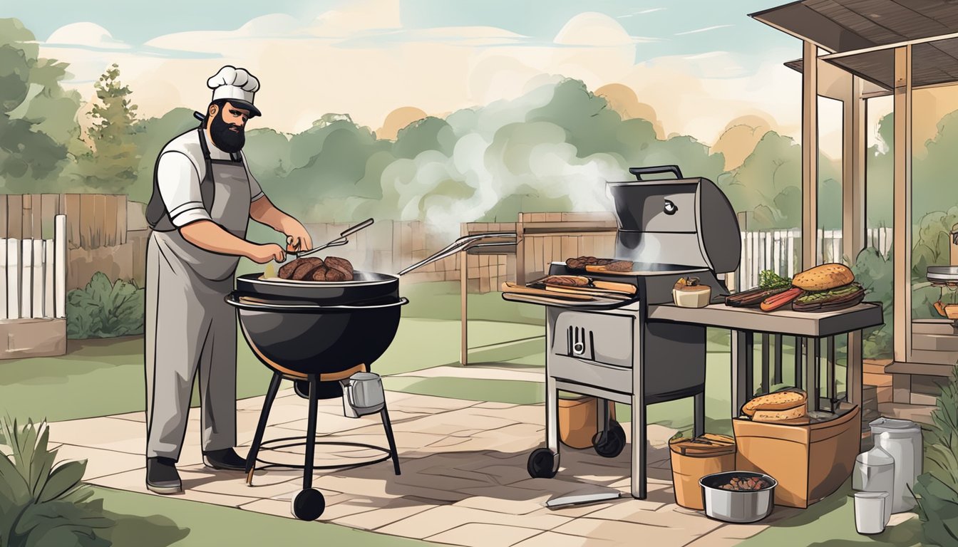 A backyard BBQ pit with a smoker, grill, and various utensils. A beginner chef is flipping burgers while a seasoned pitmaster tends to the smoking meats