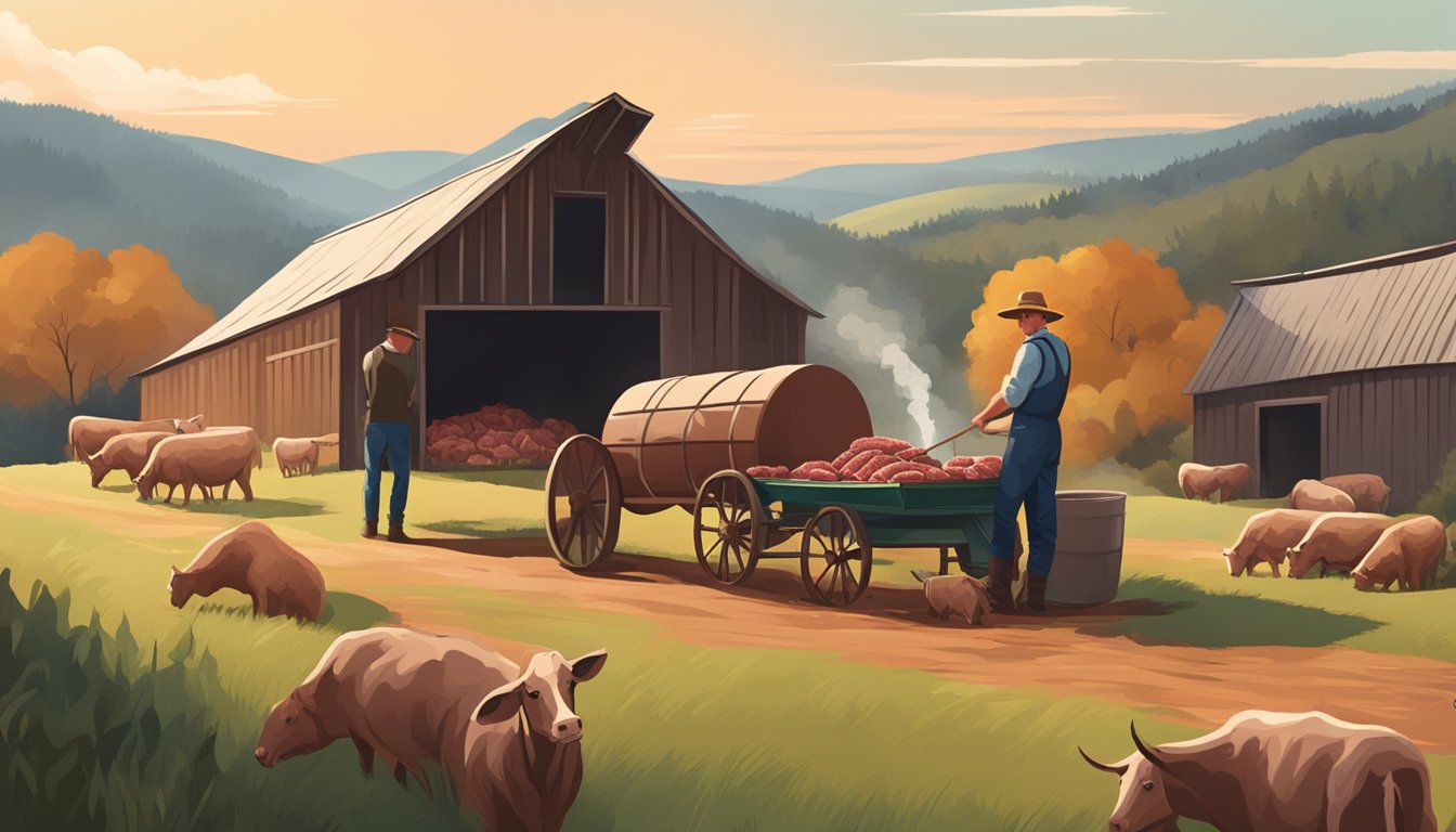 A farmer loading freshly harvested meat into a smoker outside a rustic barn, surrounded by rolling hills and grazing livestock