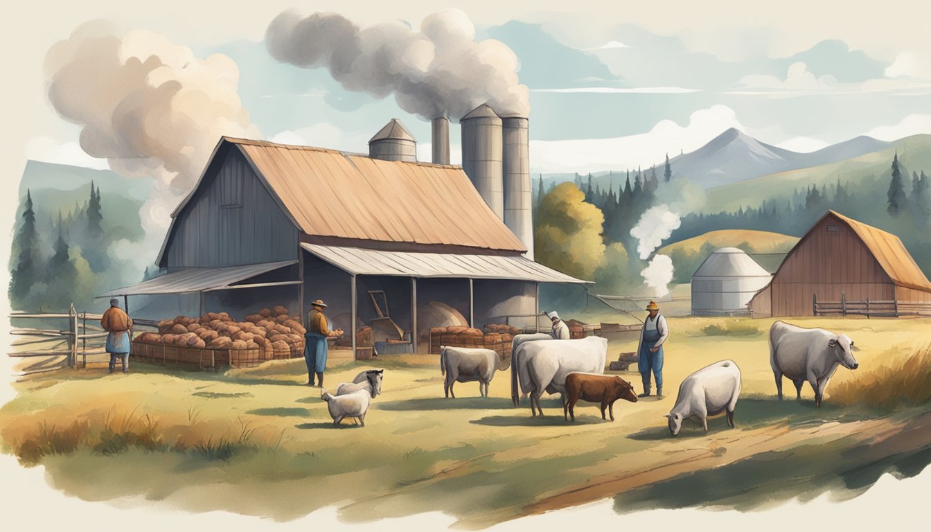 A picturesque farm with grazing animals, a butcher processing meat, and a smoker billowing fragrant smoke