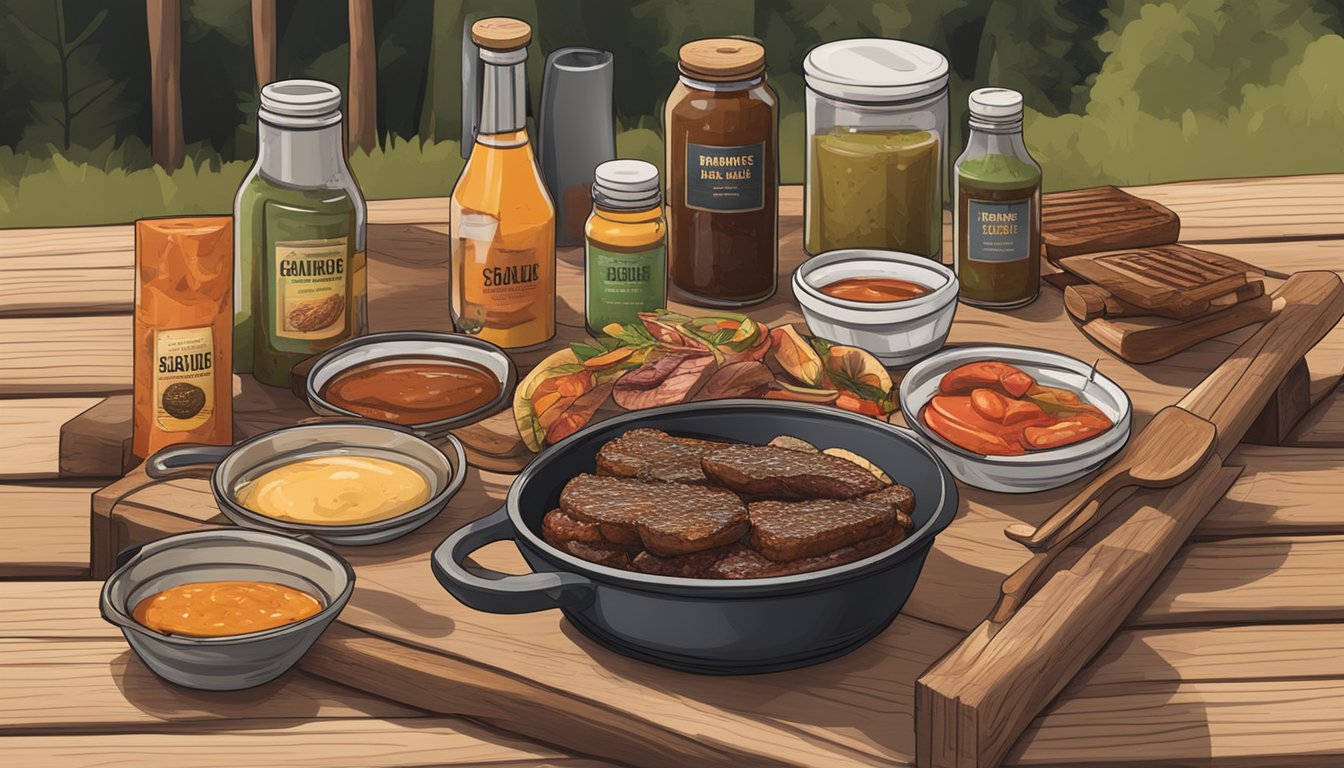 A rustic outdoor BBQ setting with a variety of sauces and rubs displayed on a wooden table, surrounded by grilling tools and a beginner's guide book