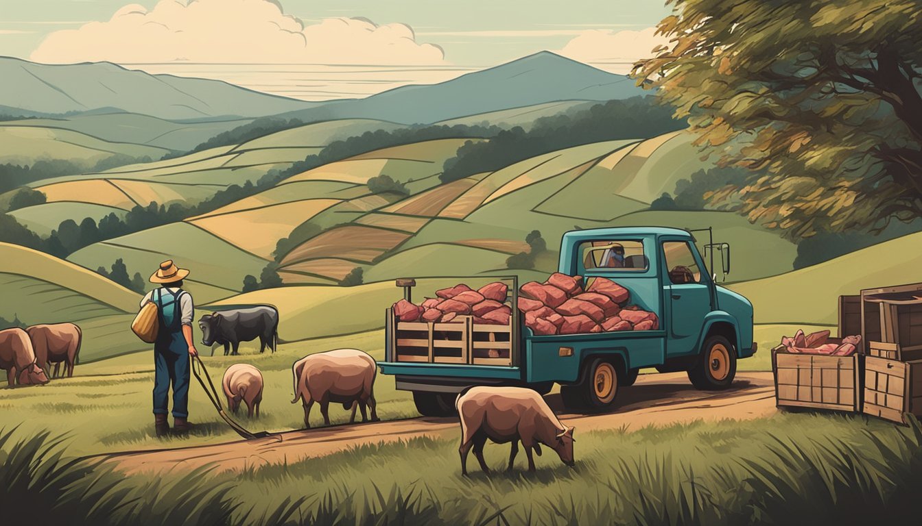 A farmer unloading crates of fresh meat at a rustic smoker, surrounded by rolling hills and grazing livestock