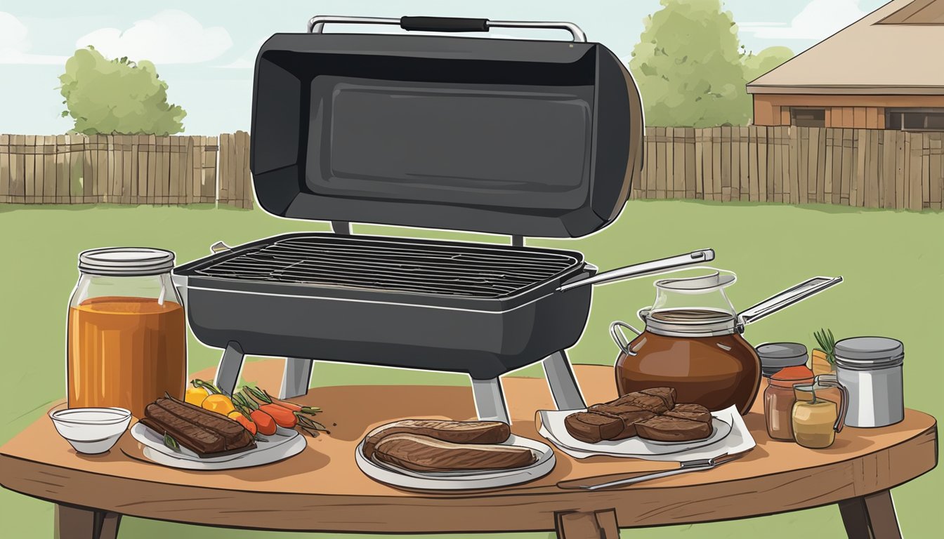 A backyard BBQ setup with a grill, cooking utensils, and a table with BBQ sauce, spices, and a cookbook open to a beginner's guide