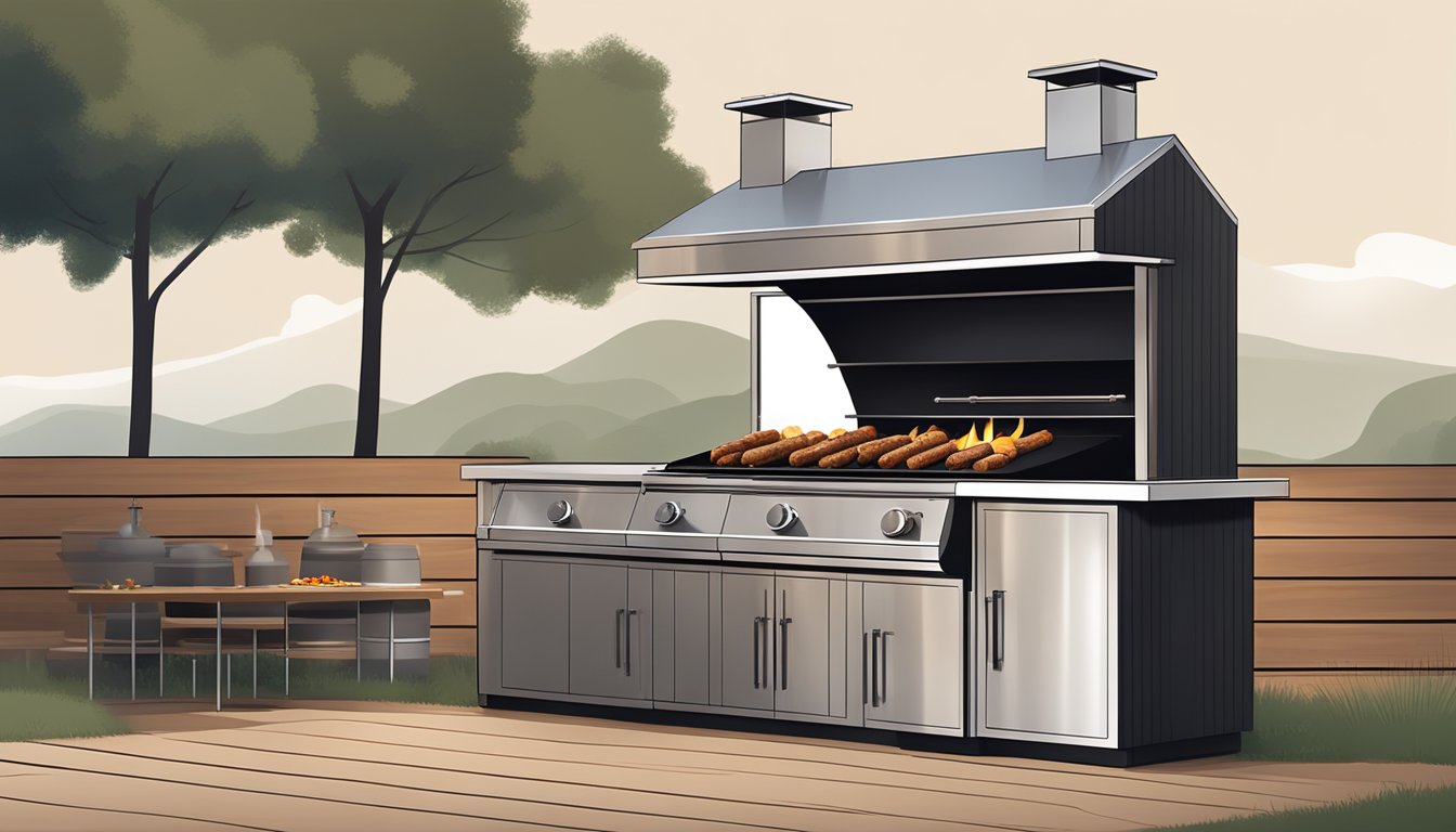 A traditional BBQ pit surrounded by rustic wood and smoke, contrasted with a sleek, modern BBQ grill with clean lines and stainless steel accents