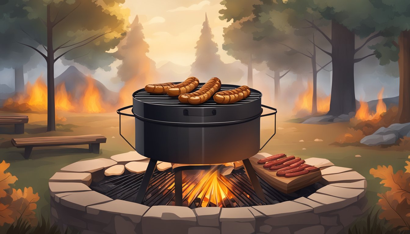 A smoky BBQ pit surrounded by oak wood, with sizzling meat and charred sausages cooking over the open flames